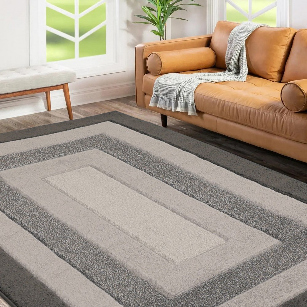 Sara Border Modern Geometric Carved Rugs in Grey